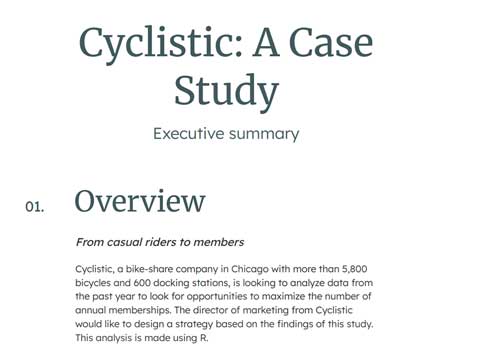 Document preview of the Cyclistic case study. The document title and the word 'Overview' can be seen in the preview big and center, but the rest of the text is too small to make out.